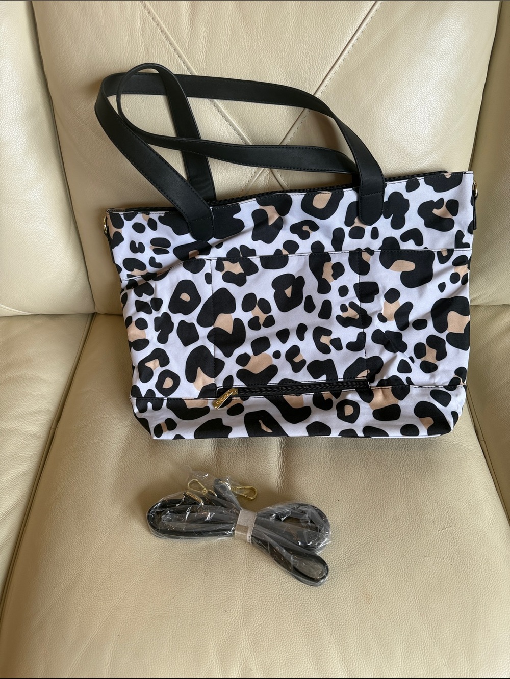 Leopard Print Canvas Tote Bag with Black Handles